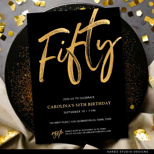 Modern Fifty Script Gold Black 50th Birthday Kaart