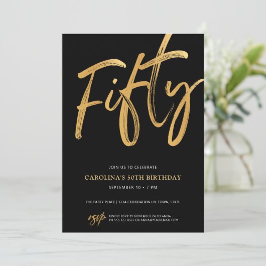 Modern Fifty Script Gold Black 50th Birthday Kaart (Staand voorkant)