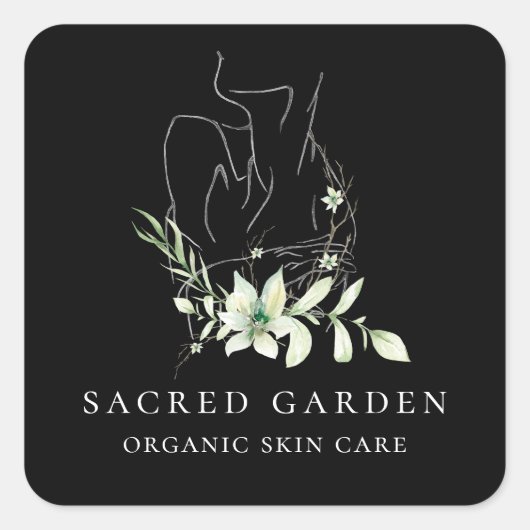 Modern Fine Art Feminine Floral Sketch Logo Vierkante Sticker (Voorkant)