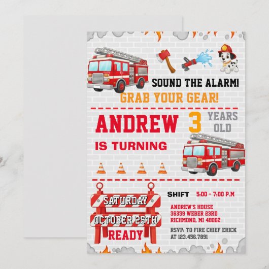 Modern Fire Fighter Station Rescue Truck Flames Kaart (Voorkant / Achterkant)