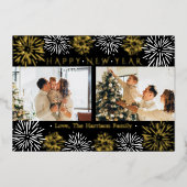 Modern Fireworks 2 Foto Happy Nieuwjaar Folie Feestdagenkaart (Voorkant)