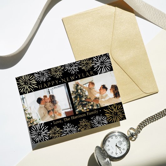 Modern Fireworks 2 Foto Happy Nieuwjaar Folie Feestdagenkaart