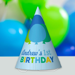 Modern First Birthday Boy Blue Green Balloons Feesthoedjes