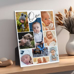 Modern First Birthday Photo Collage Keepomwille Fotoplaat<br><div class="desc">De moderne foto collage eerste van de verjaardagsklek kenmerkt 9 foto's van de baby,  typografiemanuscript één en één enkele foto binnen besnoeiing uit aantal één. Perfect als een keepasje of een geschenk voor de eerste verjaardag.</div>