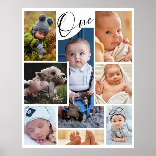 Modern First Birthday Photo Collage Keepsake Poster (Voorkant)