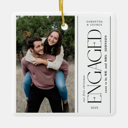 Modern First Christmas Engaged Couples Photo Keramisch Ornament (Voorkant)