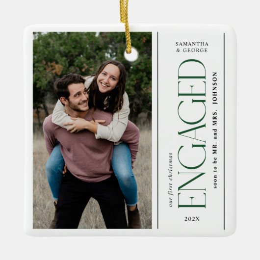 Modern First Christmas Engaged Couples Photo Keramisch Ornament (Voorkant)