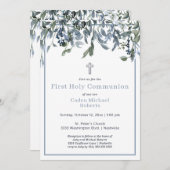 Modern First Heilige Communie Greenery Blue Flower Kaart (Voorkant / Achterkant)