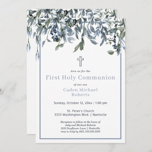 Modern First Heilige Communie Greenery Blue Flower Kaart (Voorkant / Achterkant)
