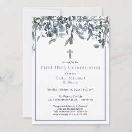 Modern First Heilige Communie Greenery Blue Flower Kaart