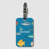 Modern Fish and Seahorse Blue Personalised Bagagelabel (Voorkant (verticaal))