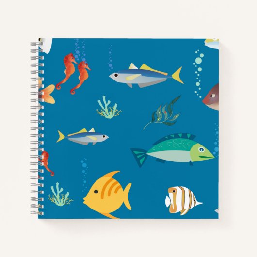 Modern Fish and Seahorse illustrated Pattern Blue Notitieboek (Voorkant)