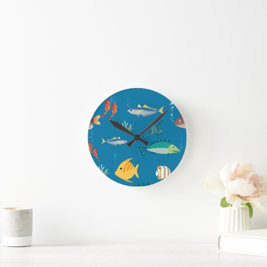 Modern Fish and Seahorse illustrated Pattern Blue Ronde Klok (Huis)
