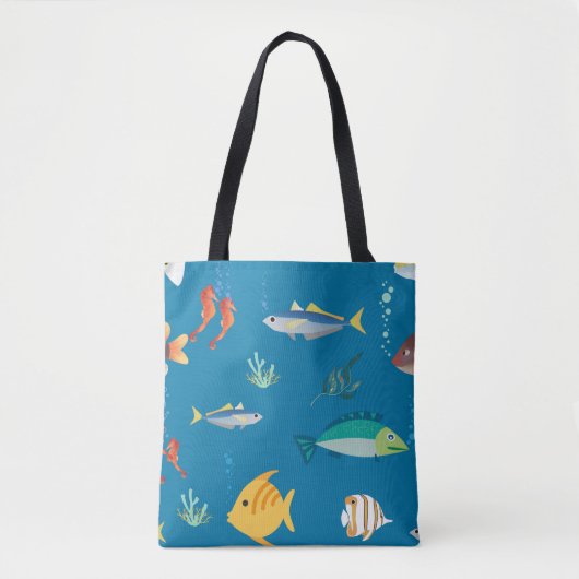 Modern Fish and Seahorse illustrated Pattern Blue Tote Bag (Voorkant)