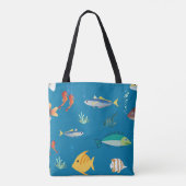 Modern Fish and Seahorse illustrated Pattern Blue Tote Bag (Achterkant)
