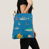 Modern Fish and Seahorse illustrated Pattern Blue Tote Bag (Dichtbij)