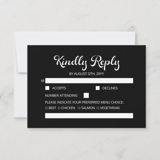 Modern Flair Script minimalistisch zwart bruiloft RSVP Kaartje (Voorkant)