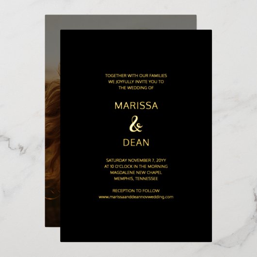 Modern Flair Script minimalistisch zwart foto brui Folie Uitnodiging (Voorkant / Achterkant)