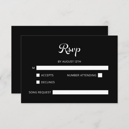 Modern Flair Script minimalistische witte bruiloft RSVP Kaartje (Voorkant / Achterkant)