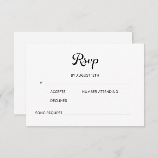Modern Flair Script minimalistische witte bruiloft RSVP Kaartje (Voorkant / Achterkant)