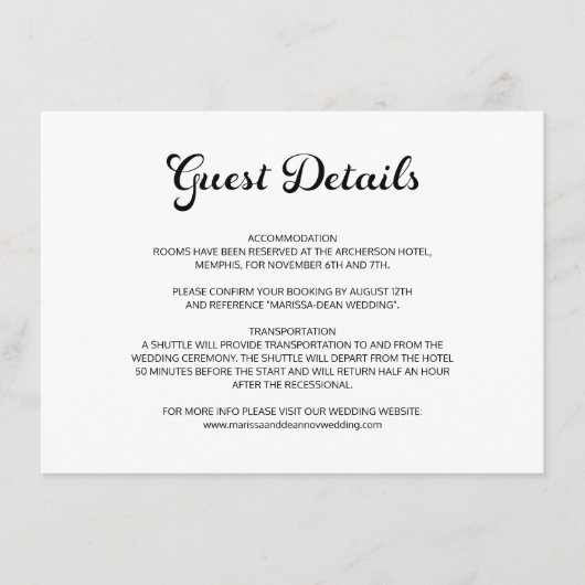 Modern Flair Script White Wedding Gast Details Informatiekaartje (Voorkant)