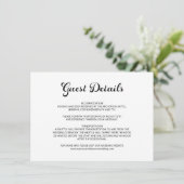 Modern Flair Script White Wedding Gast Details Informatiekaartje (Staand voorkant)