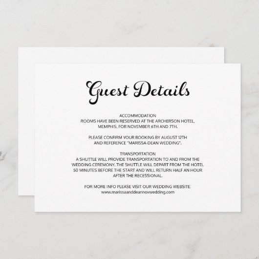 Modern Flair Script White Wedding Gast Details Informatiekaartje (Voorkant / Achterkant)