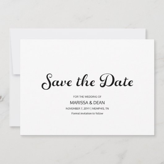Modern Flair Script White Wedding Save the Date Kaart (Voorkant)