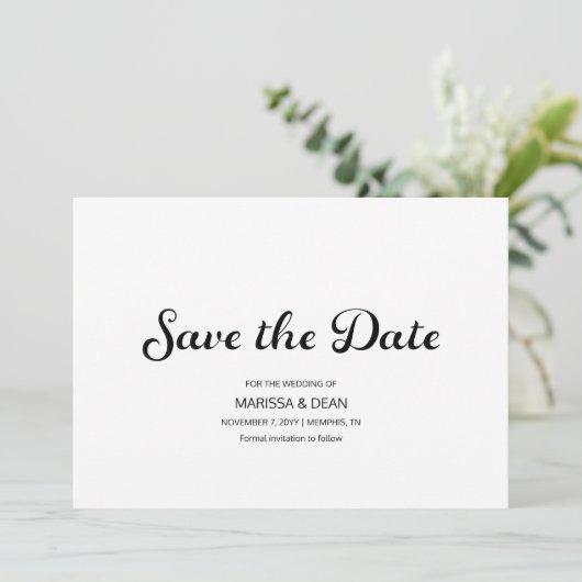 Modern Flair Script White Wedding Save the Date Kaart (Staand voorkant)
