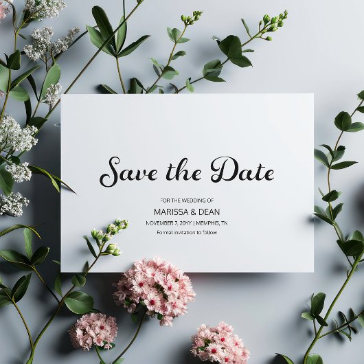 Modern Flair Script White Wedding Save the Date Kaart