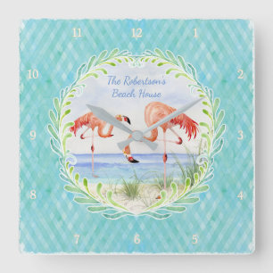 Modern Flamingo Beach Ocean Sand Shore Aqua Blue Vierkante Klok