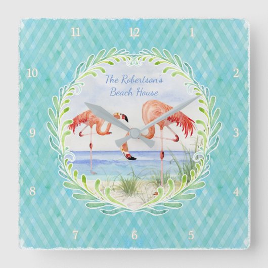 Modern Flamingo Beach Ocean Sand Shore Aqua Blue Vierkante Klok (Voorkant)