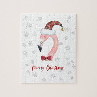Modern Flamingo Santa Snowflake White Kerstmis Legpuzzel