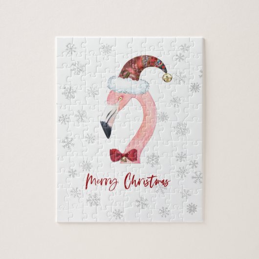 Modern Flamingo Santa Snowflake White Kerstmis Legpuzzel (Verticaal)