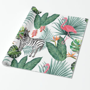 Modern flamingo zebra tropical leaf waterverf cadeaupapier