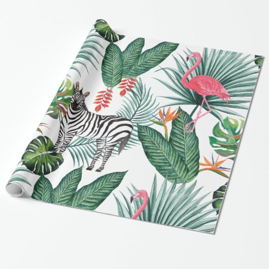 Modern flamingo zebra tropical leaf waterverf cadeaupapier (Uitgerold)