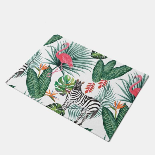 Modern flamingo zebra tropical leaf waterverf deurmat (Schuin)