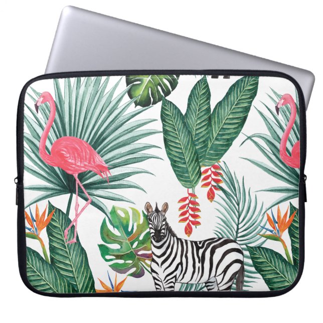 Modern flamingo zebra tropical leaf waterverf laptop sleeve (Voorkant)