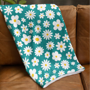 Modern Flat Graphic Daisy Blauwgroen Blauw Fleece Deken