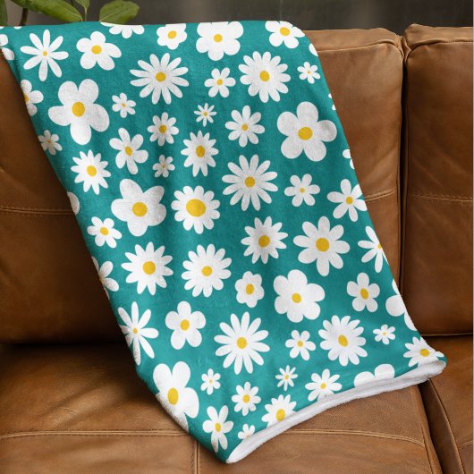 Modern Flat Graphic Daisy Blauwgroen Blauw Fleece Deken