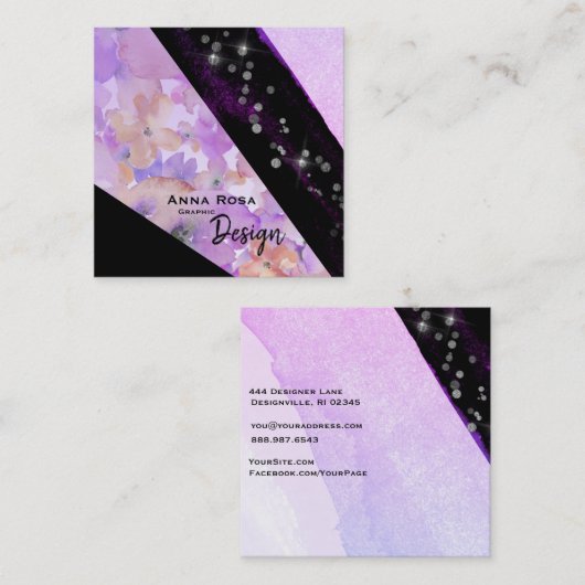 *~* Modern Floral Abstract Glitter Geometric Black Vierkante Visitekaartje (Voorkant / Achterkant)