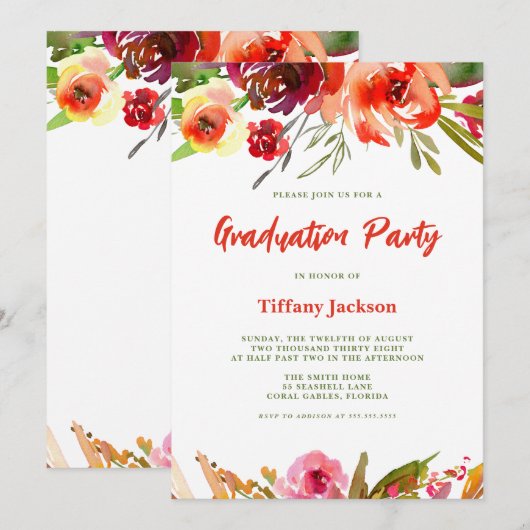 Modern Floral Afstuderen Kaart (Voorkant / Achterkant)