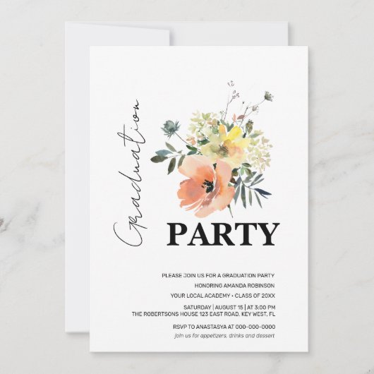 Modern Floral Afstuderen Perzik en groen Kaart (Voorkant)