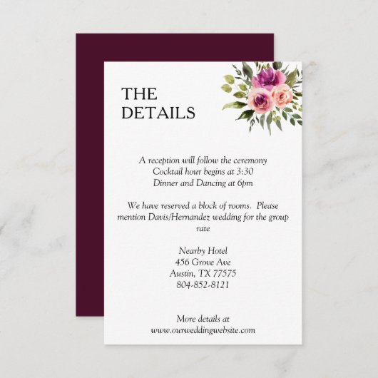 Modern Floral Ampersand Plum Pink Peach & Black Informatiekaartje (Voorkant / Achterkant)