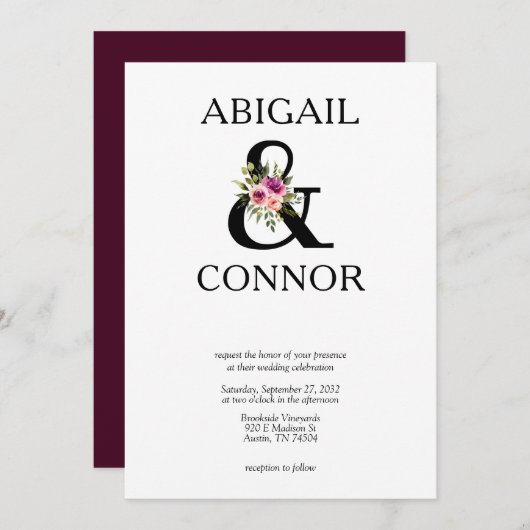 Modern Floral Ampersand Plum Pink Peach & Black Kaart (Voorkant / Achterkant)