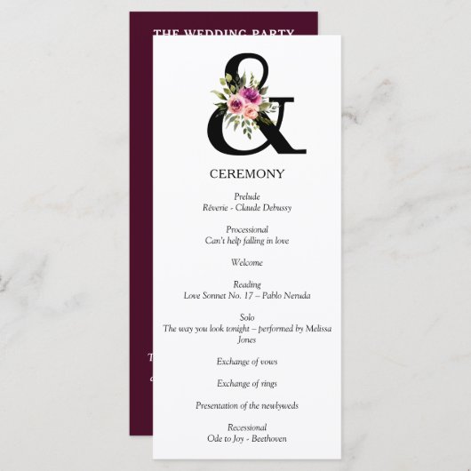 Modern Floral Ampersand Plum Pink Peach & Black Programmakaart (Voorkant / Achterkant)