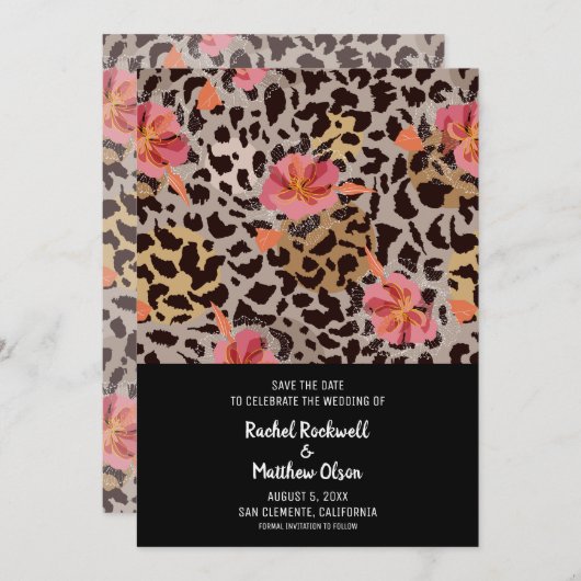 Modern Floral Animal Print Wedding Save the Date (Voorkant / Achterkant)