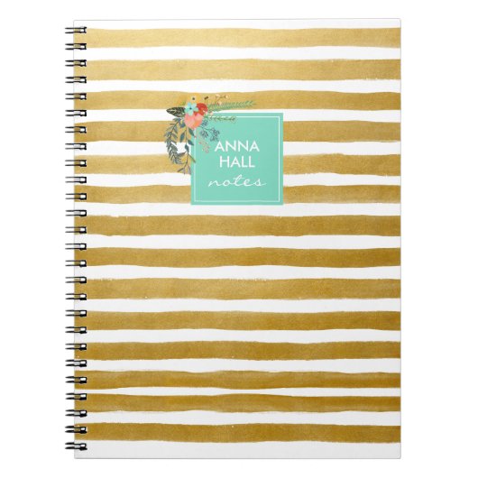 Modern Floral Aqua en Gold Foil Stripes Notitieboe Notitieboek (Voorkant)
