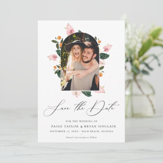 Modern Floral Arch Lijst Save the Date Photo (Staand voorkant)