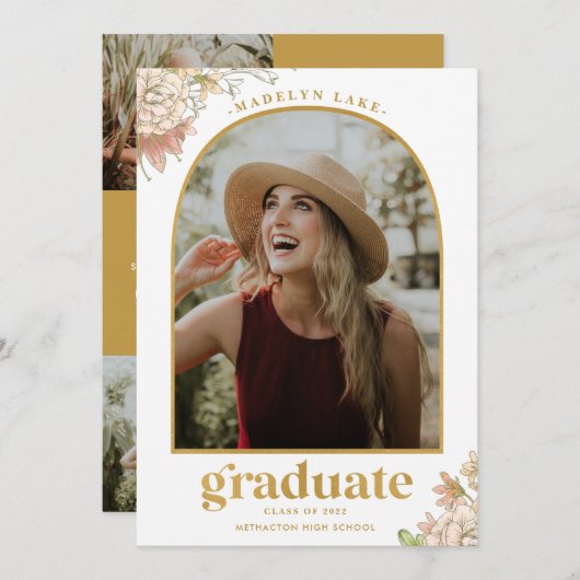 Modern Floral Arched Photo Afstuderen Aankondiging (Voorkant / Achterkant)